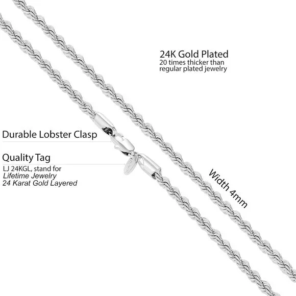 4mm Gold Rope Chain for Men & Women 24k Real Gold Plated Diamond Cut Gold Neckla